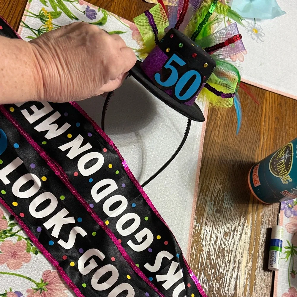 Colorful 50th Birthday Party Hat and Sash Set